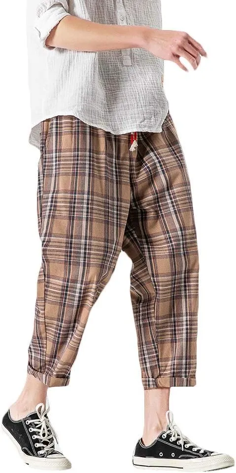 PRIJOUHE Men's Casual Capri Pants Elastic Waist Wide Leg Loose Baggy Harem Pants Breathable Summer Beach Pants