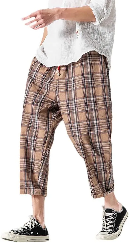 PRIJOUHE Men's Casual Capri Pants Elastic Waist Wide Leg Loose Baggy Harem Pants Breathable Summer Beach Pants