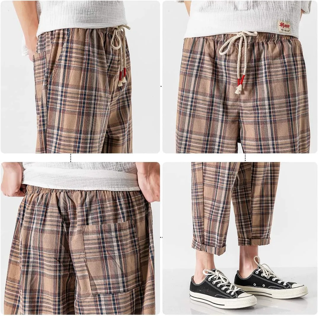 PRIJOUHE Men's Casual Capri Pants Elastic Waist Wide Leg Loose Baggy Harem Pants Breathable Summer Beach Pants