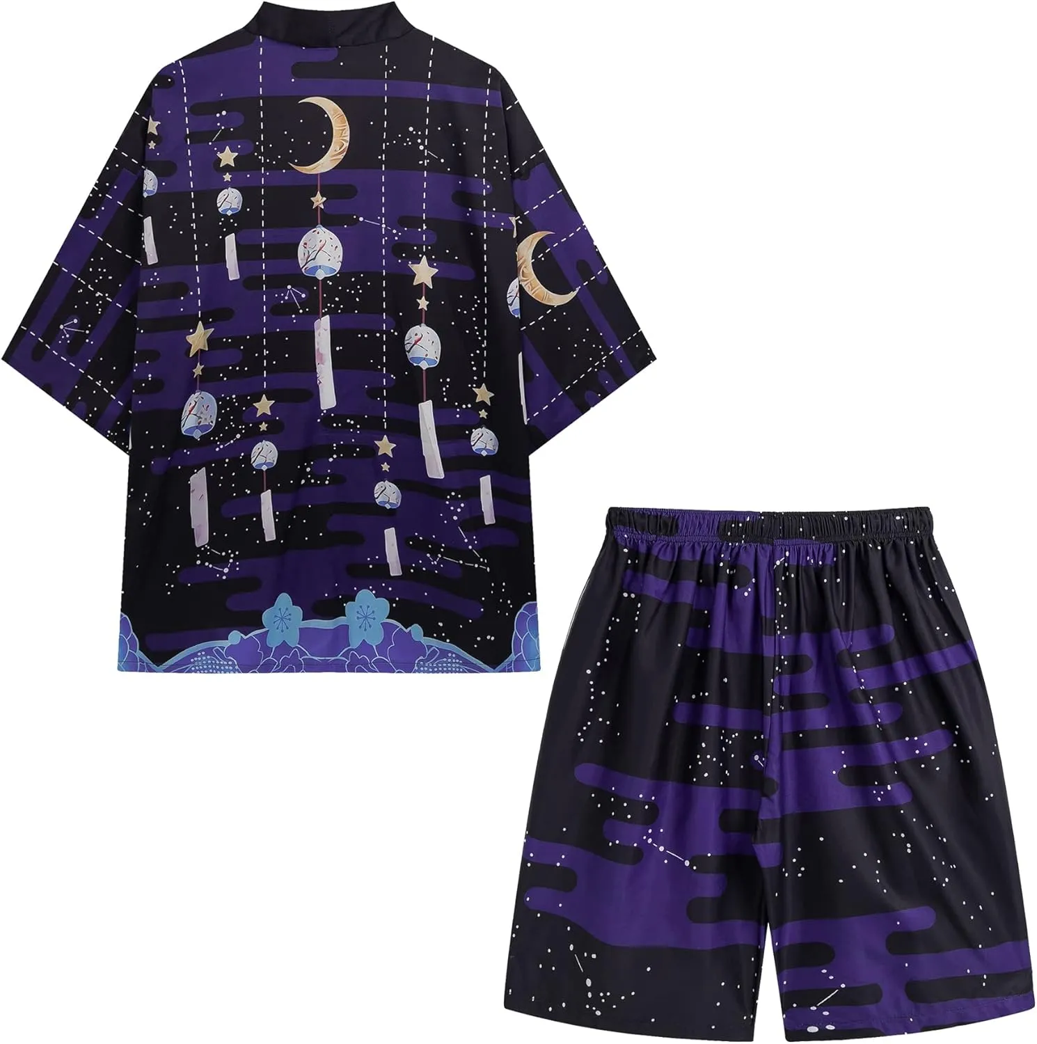 PRIJOUHE Mens Japanese Kimono Coat Suits Loose Open Front Seven Sleeve Kimono Cardigan Jacket with Shorts
