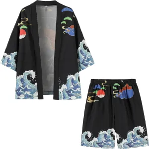 PRIJOUHE Mens Japanese Kimono Coat Suits Loose Open Front Seven Sleeve Kimono Cardigan Jacket with Shorts
