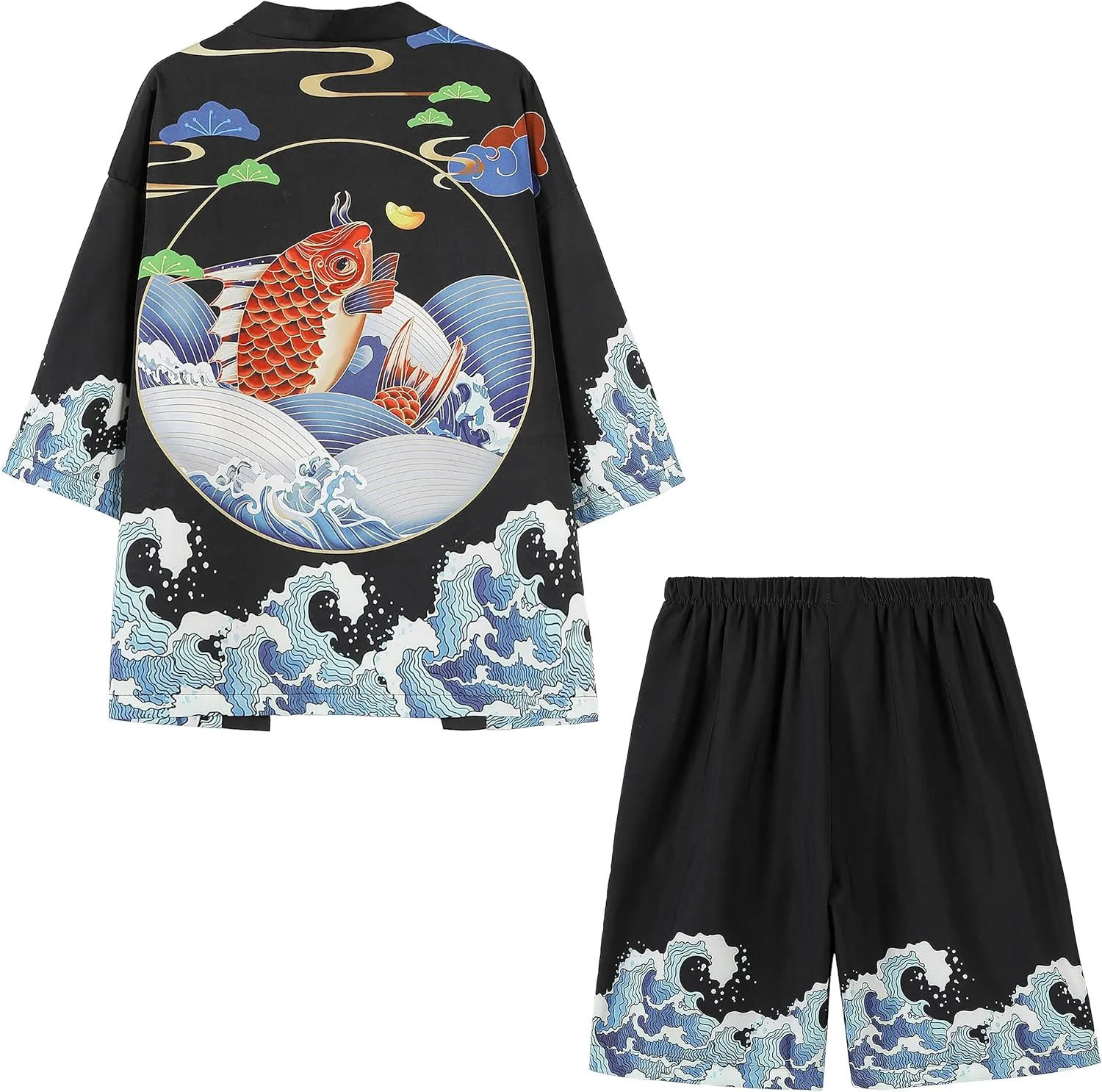PRIJOUHE Mens Japanese Kimono Coat Suits Loose Open Front Seven Sleeve Kimono Cardigan Jacket with Shorts