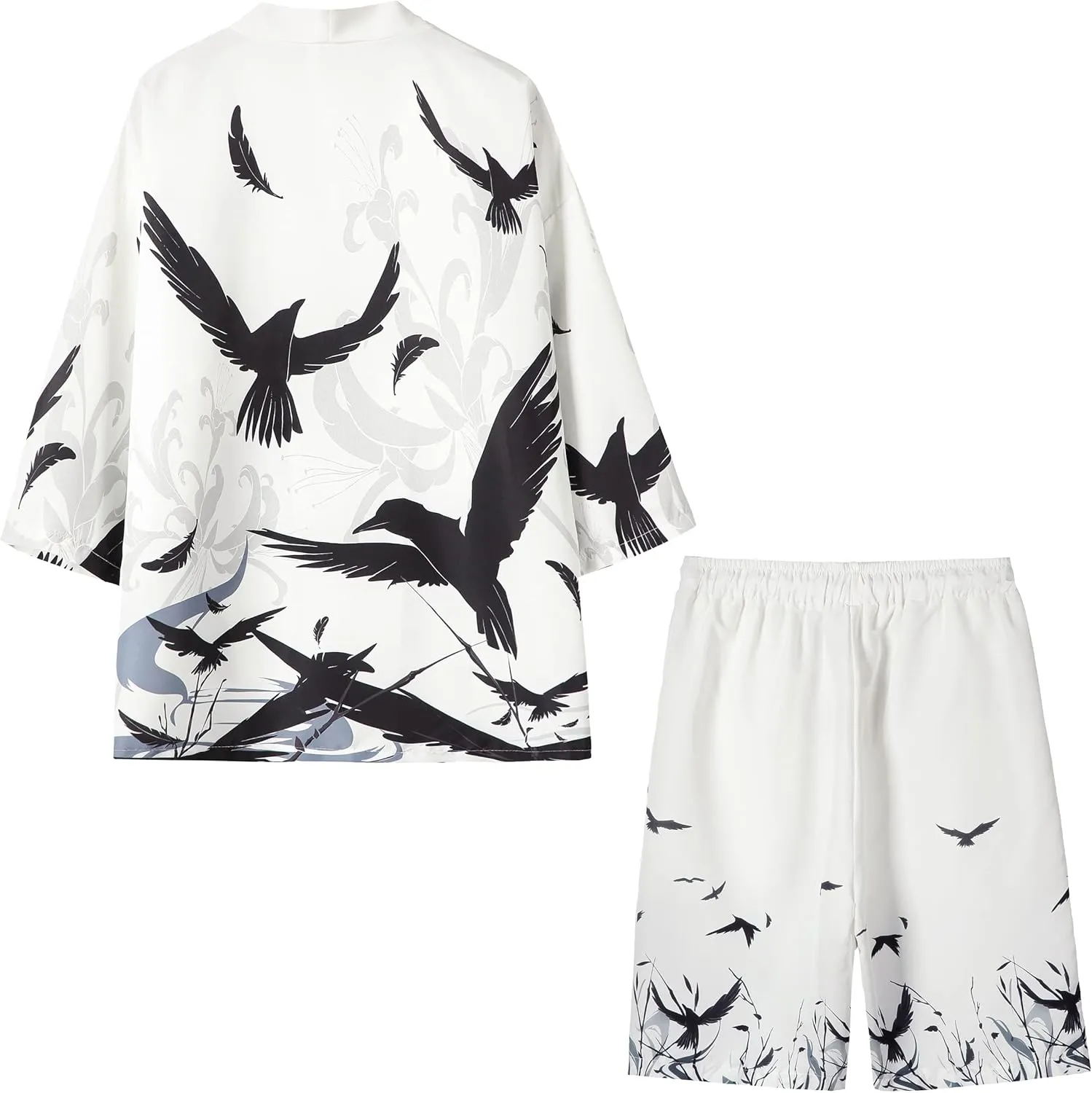 PRIJOUHE Mens Japanese Kimono Coat Suits Loose Open Front Seven Sleeve Kimono Cardigan Jacket with Shorts