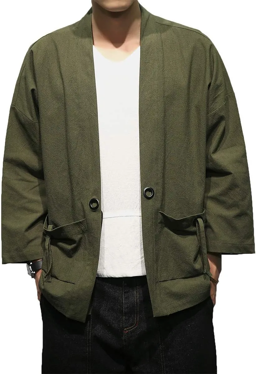 PRIJOUHE Men's Kimono Jackets Cardigan Casual Cotton Blends Linen Seven Sleeve Open Front Embroidery Coat