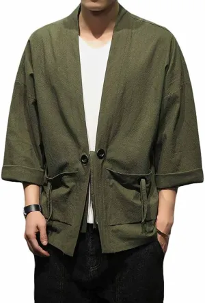 PRIJOUHE Men's Kimono Jackets Cardigan Casual Cotton Blends Linen Seven Sleeve Open Front Embroidery Coat