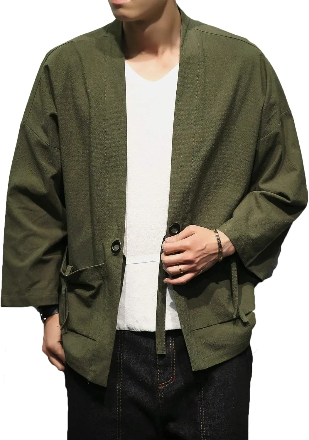 PRIJOUHE Men's Kimono Jackets Cardigan Casual Cotton Blends Linen Seven Sleeve Open Front Embroidery Coat