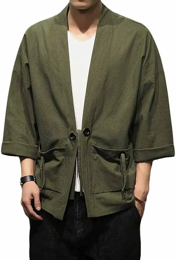 PRIJOUHE Men's Kimono Jackets Cardigan Casual Cotton Blends Linen Seven Sleeve Open Front Embroidery Coat