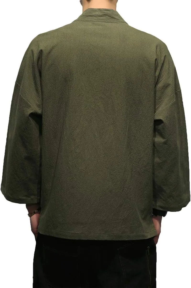 PRIJOUHE Men's Kimono Jackets Cardigan Casual Cotton Blends Linen Seven Sleeve Open Front Embroidery Coat