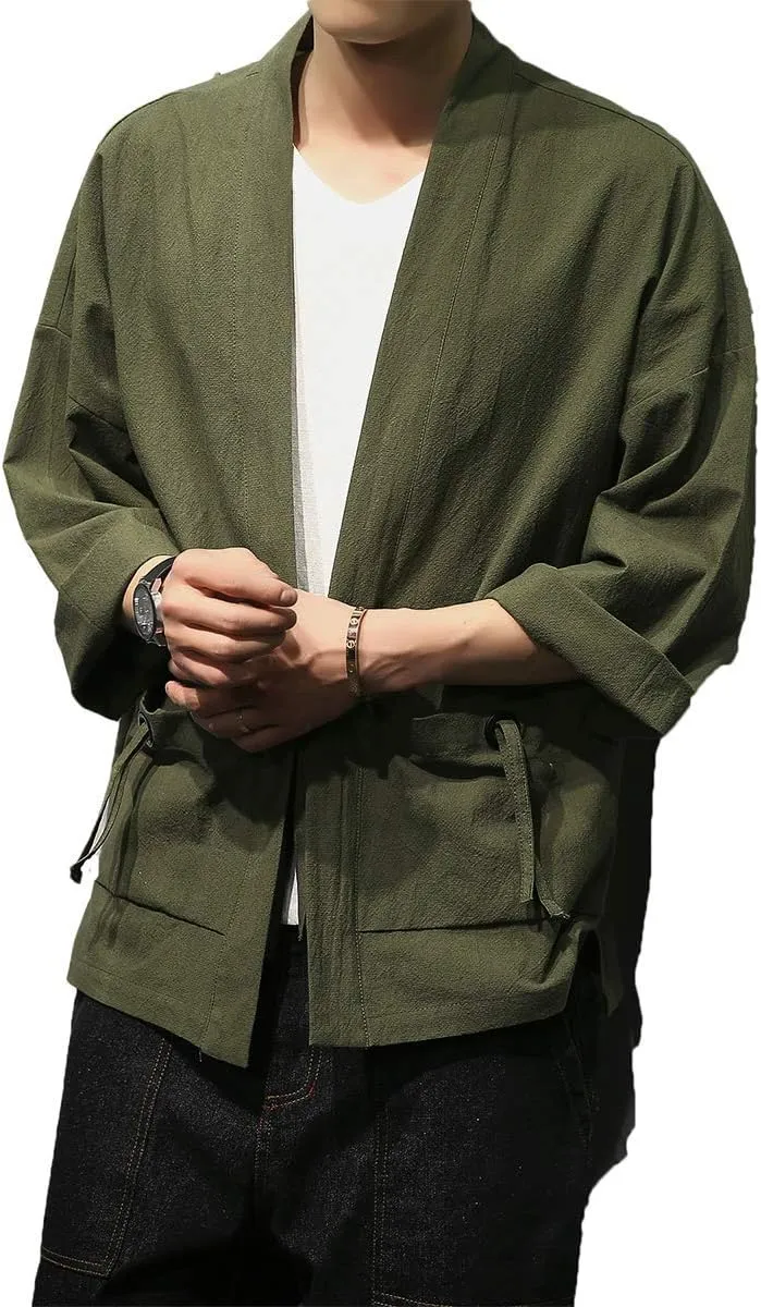 PRIJOUHE Men's Kimono Jackets Cardigan Casual Cotton Blends Linen Seven Sleeve Open Front Embroidery Coat