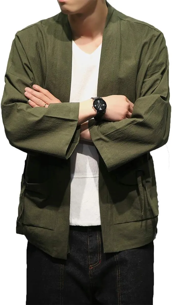 PRIJOUHE Men's Kimono Jackets Cardigan Casual Cotton Blends Linen Seven Sleeve Open Front Embroidery Coat