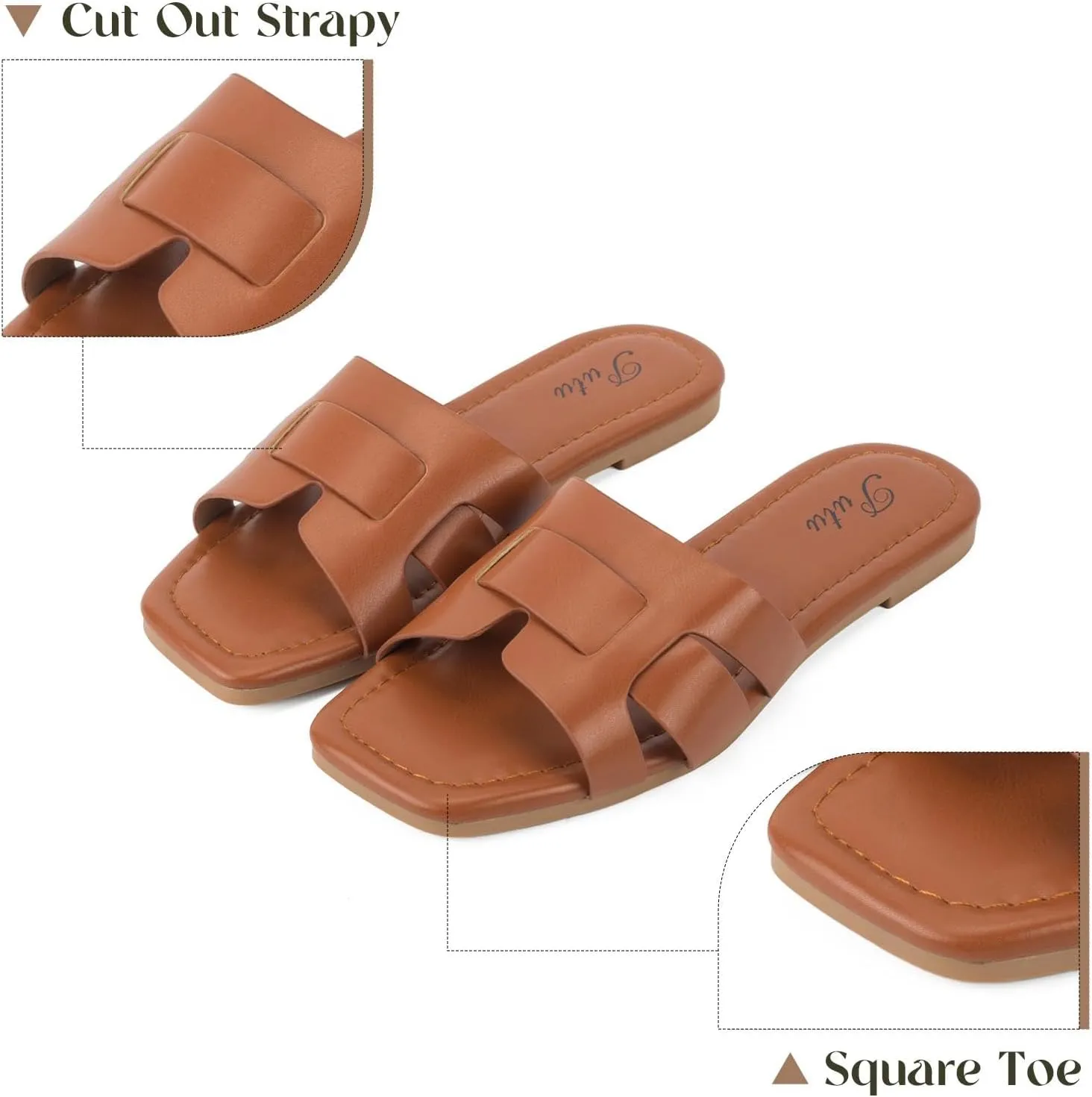 Putu Women's Flat Sandals Dressy Summer Sandals Strappy Slides with Square Open Toe