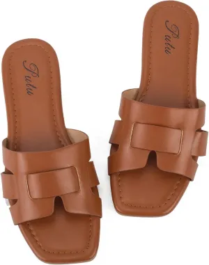 Putu Women's Flat Sandals Dressy Summer Sandals Strappy Slides with Square Open Toe