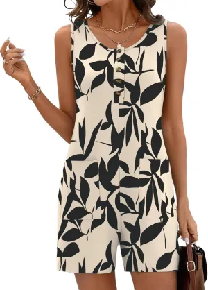 Rapbin Rompers for Women 2025 Summer Casual Sleeveless Scoop Neck Short Jumpsuits Loose Fit Button Overalls with Pockets