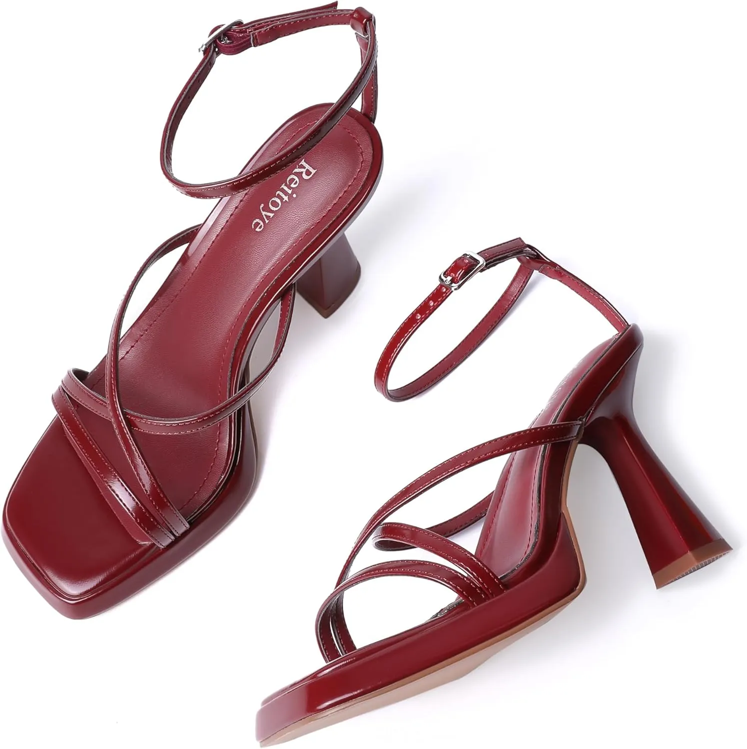 Reitoye Strappy Heels for Women Platform High Chunky Heels Square Open Toe Heeled Sandals Ankle Strap Block Heels