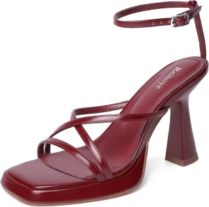 Reitoye Strappy Heels for Women Platform High Chunky Heels Square Open Toe Heeled Sandals Ankle Strap Block Heels
