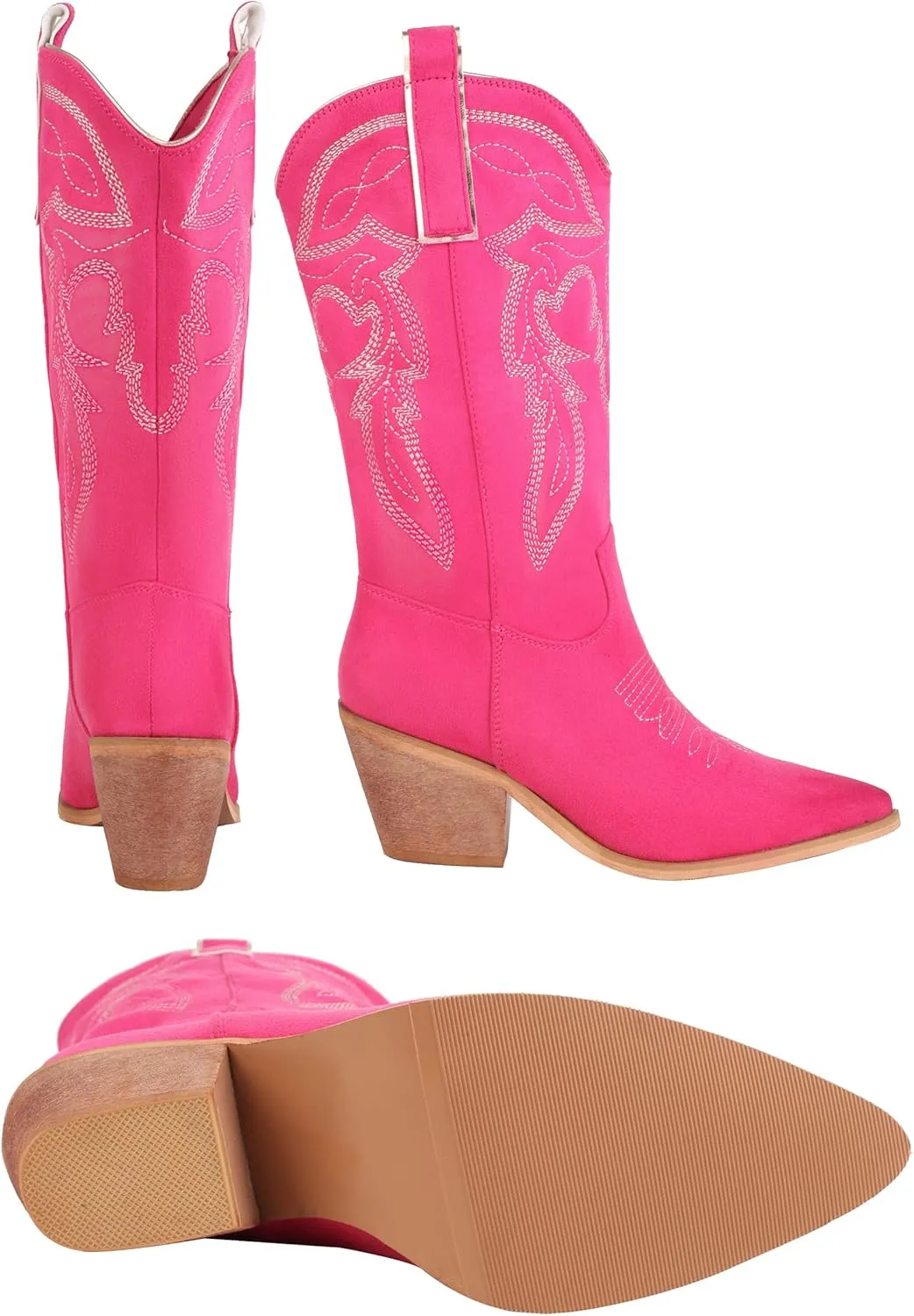 Reitoye Women's Embroidered Western Cowboy Boots Mid Calf Chunky Heel Pull-Up Tabs Classic Cowgirl Boot