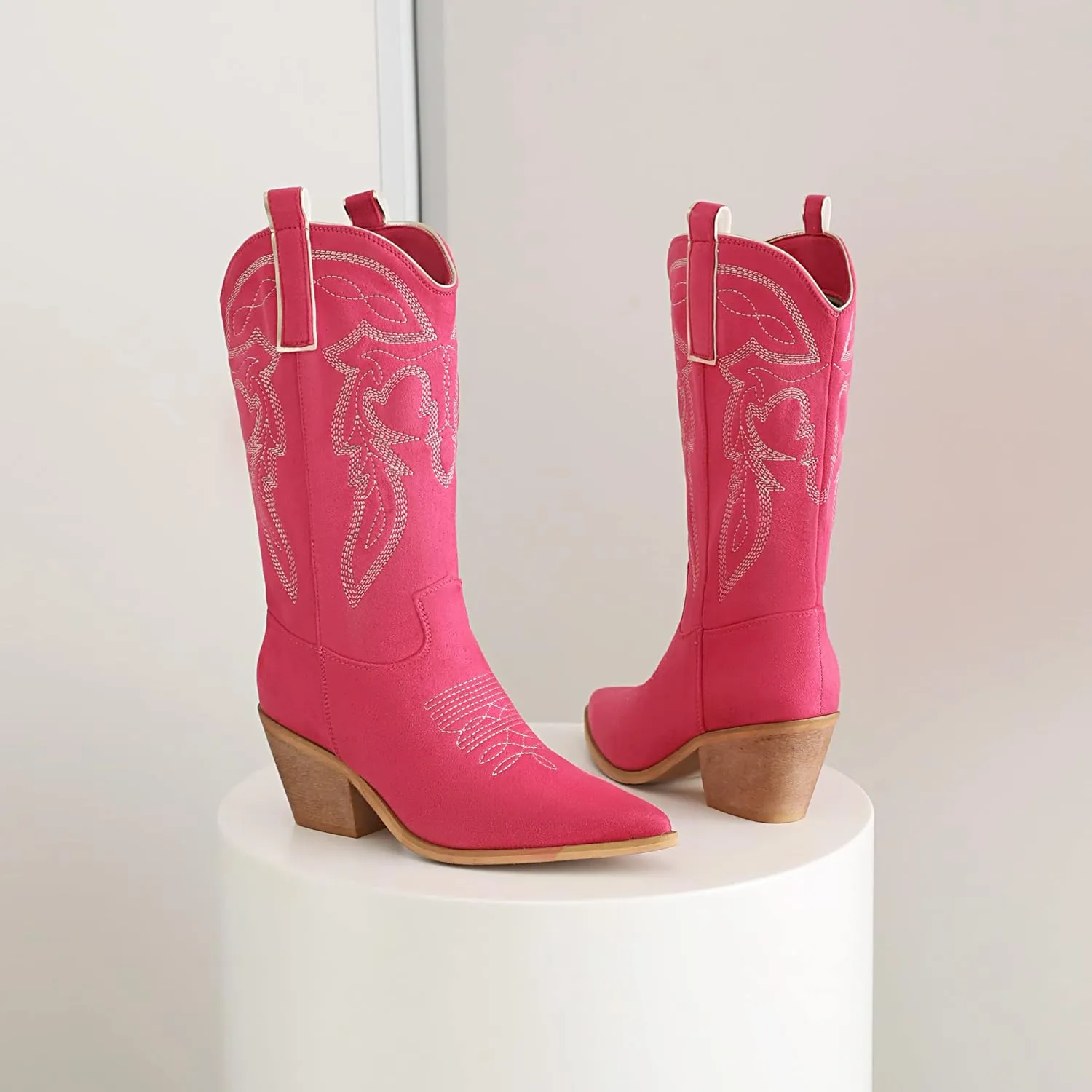 Reitoye Women's Embroidered Western Cowboy Boots Mid Calf Chunky Heel Pull-Up Tabs Classic Cowgirl Boot