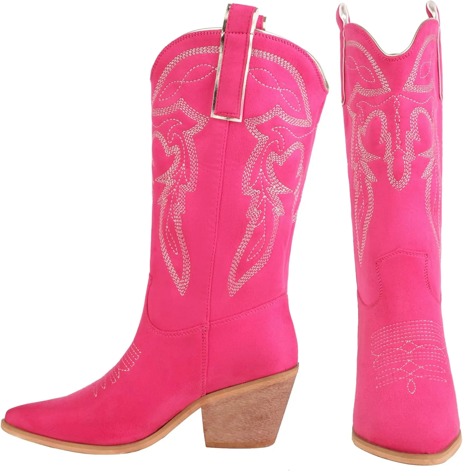 Reitoye Women's Embroidered Western Cowboy Boots Mid Calf Chunky Heel Pull-Up Tabs Classic Cowgirl Boot