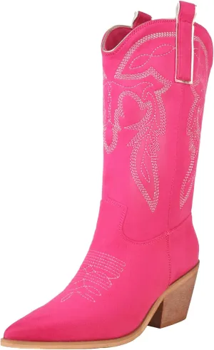 Reitoye Women's Embroidered Western Cowboy Boots Mid Calf Chunky Heel Pull-Up Tabs Classic Cowgirl Boot