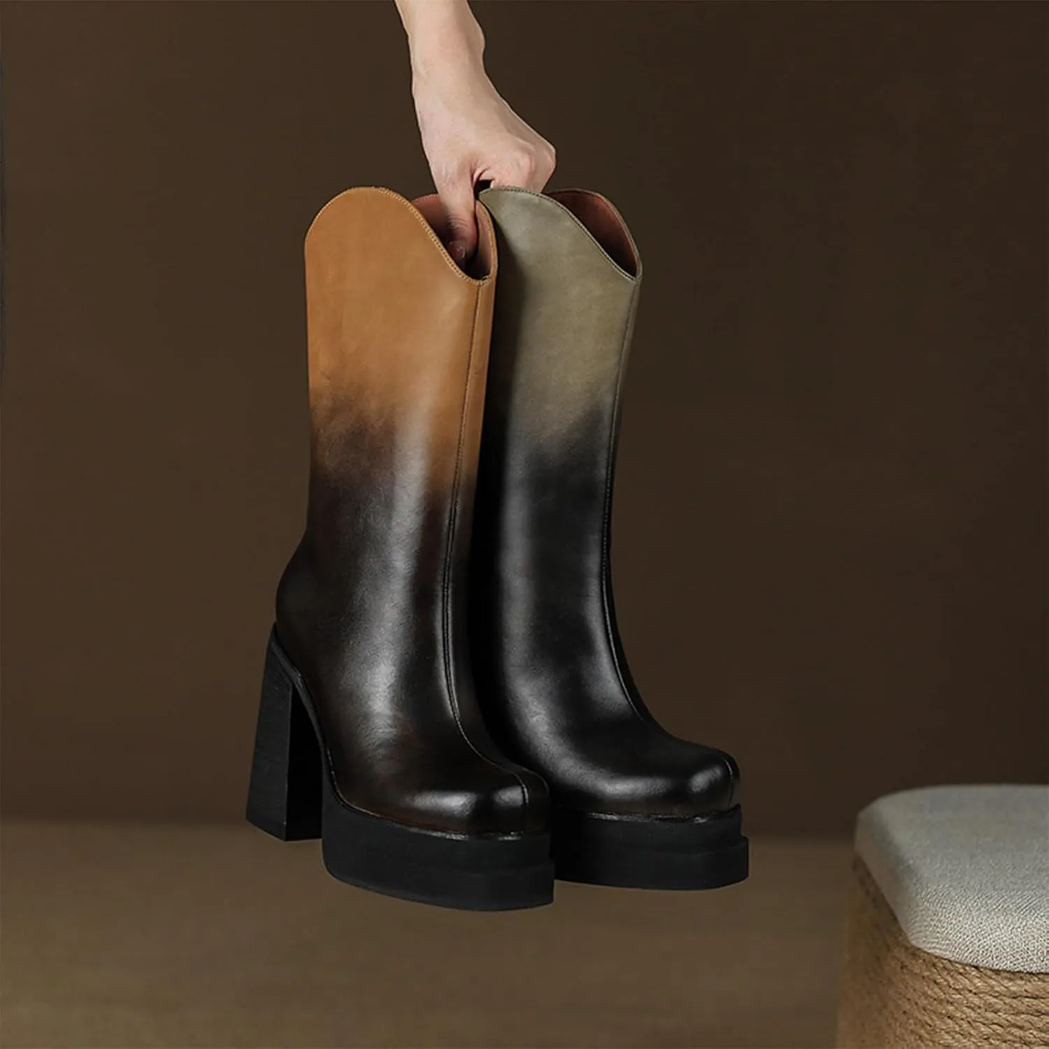 Retro High Heeled Boots,Women's Gradient Boots,Thick Heeled Non Slip Boots,Round Toed Thick Heeled Boots