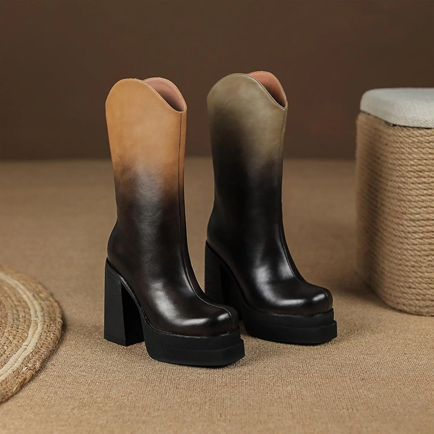 Retro High Heeled Boots,Women's Gradient Boots,Thick Heeled Non Slip Boots,Round Toed Thick Heeled Boots