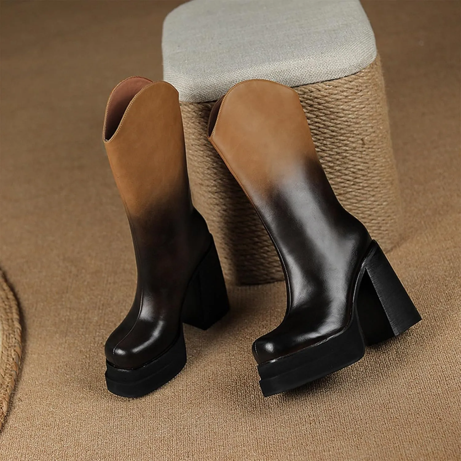 Retro High Heeled Boots,Women's Gradient Boots,Thick Heeled Non Slip Boots,Round Toed Thick Heeled Boots