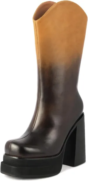 Retro High Heeled Boots,Women's Gradient Boots,Thick Heeled Non Slip Boots,Round Toed Thick Heeled Boots