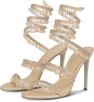 Rhinestone Wrap Around Strappy Stiletto High Heels for Women, Open Round Toe Lace Up Heeled Sandals for Wedding Prom Party Dress