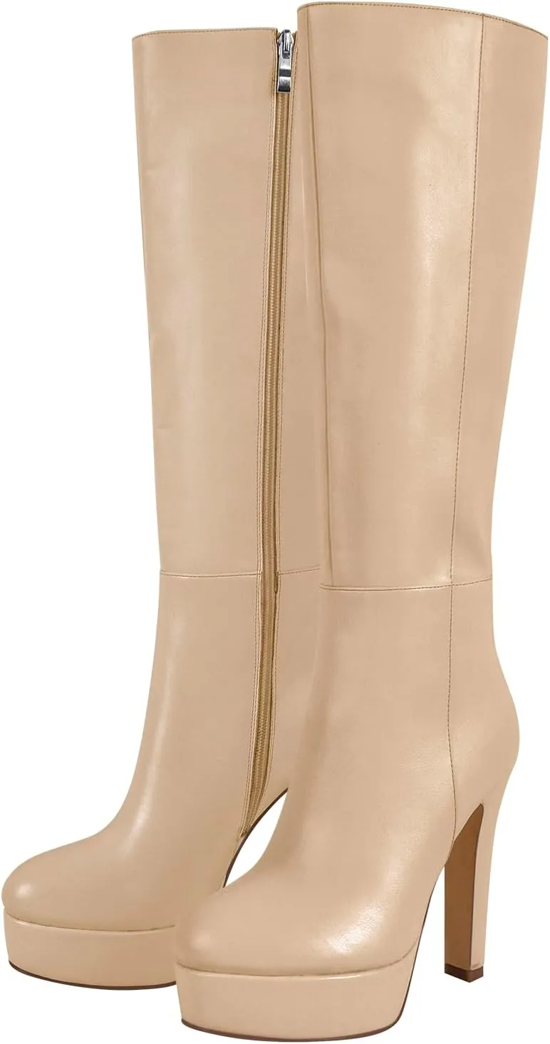 richealnini Platform Knee High Boots for Women Side Zip Up Tall Boots with Block Heel Comfort Long Boots