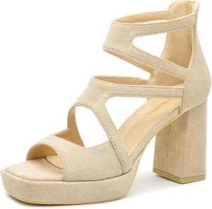 risdoada Platform Heels 3.54 Inches Chunky Block Heeled Sandals for Women Comfortable Suede Open Toe Hollow Out High Heels Pumps