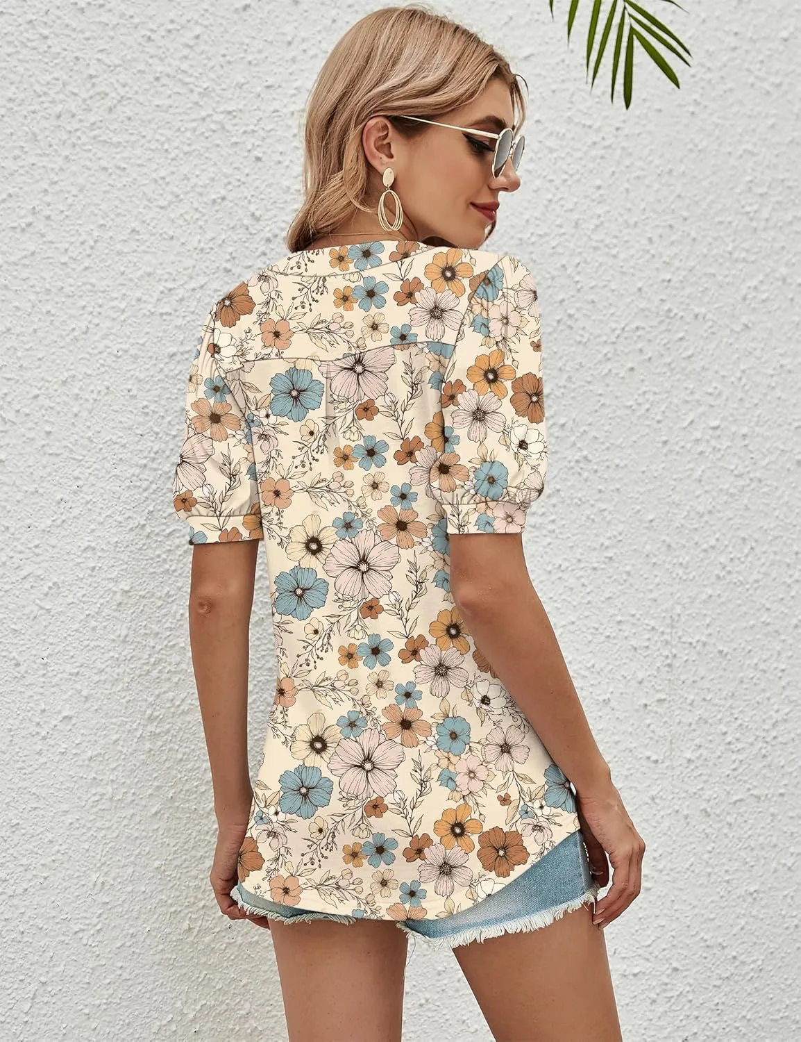 Romanstii Women Casual V-Neck T-Shirts Loose Puff Short Sleeve Tops Tunic Blouses