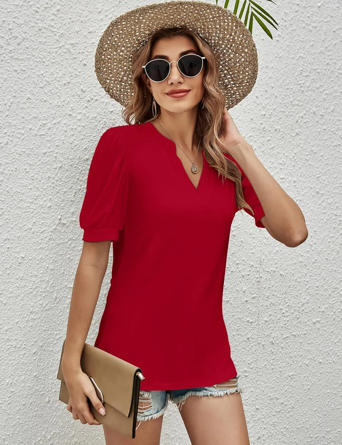 Romanstii Women Casual V-Neck T-Shirts Loose Puff Short Sleeve Tops Tunic Blouses