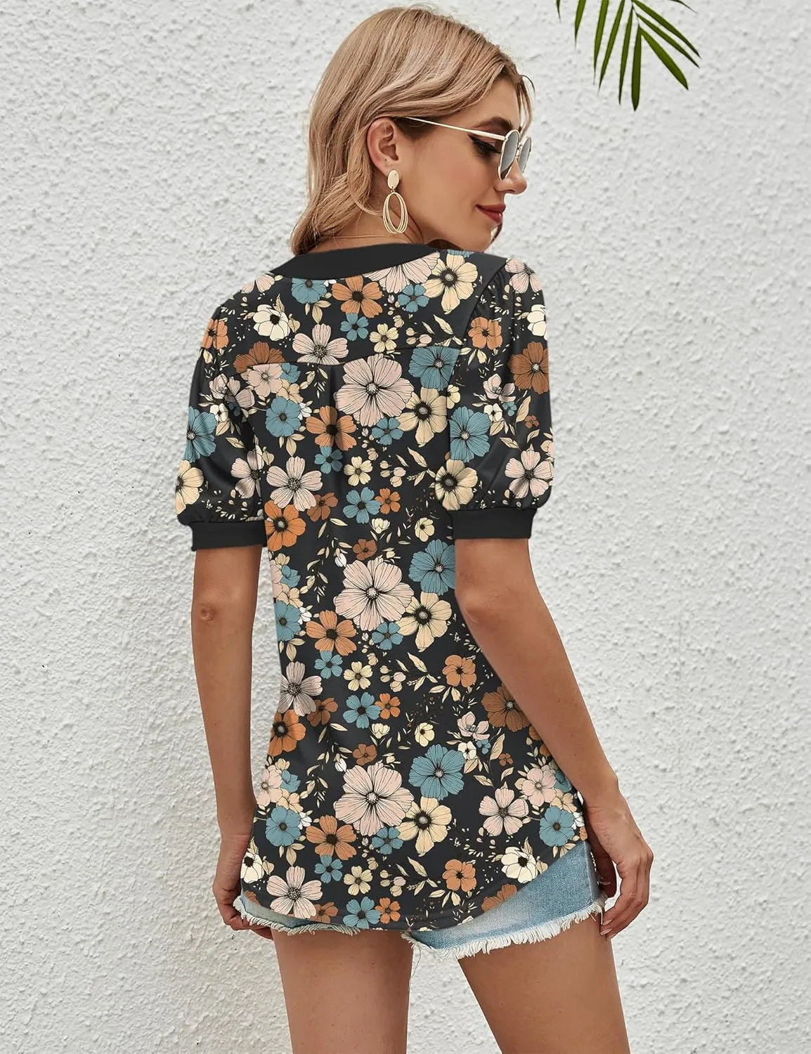 Romanstii Women Casual V-Neck T-Shirts Loose Puff Short Sleeve Tops Tunic Blouses