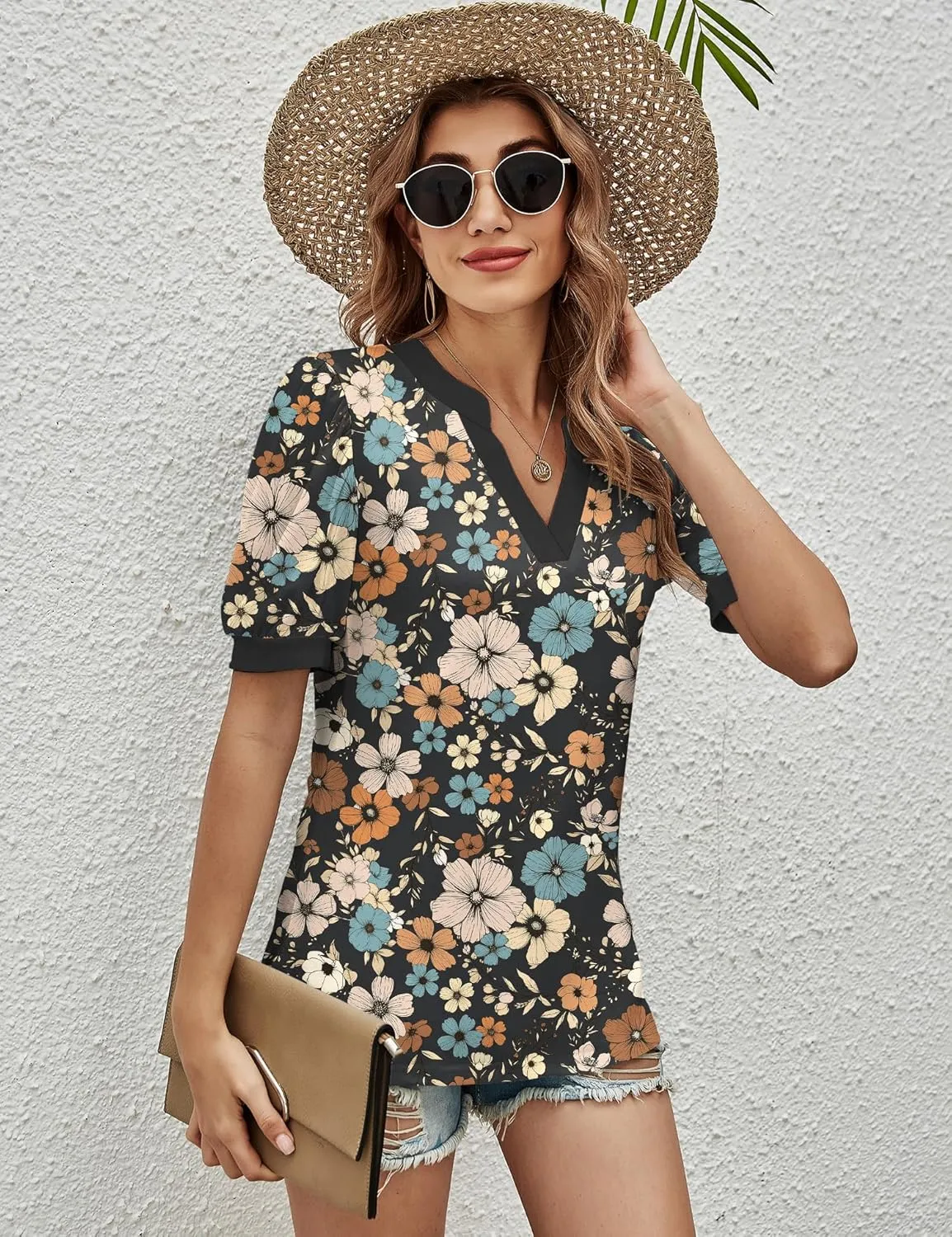 Romanstii Women Casual V-Neck T-Shirts Loose Puff Short Sleeve Tops Tunic Blouses