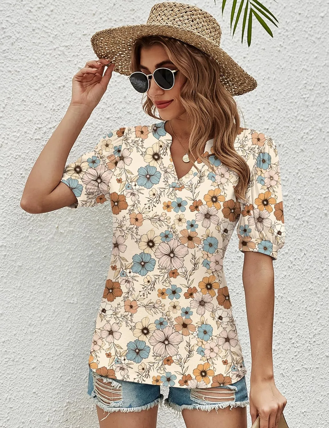 Romanstii Women Casual V-Neck T-Shirts Loose Puff Short Sleeve Tops Tunic Blouses
