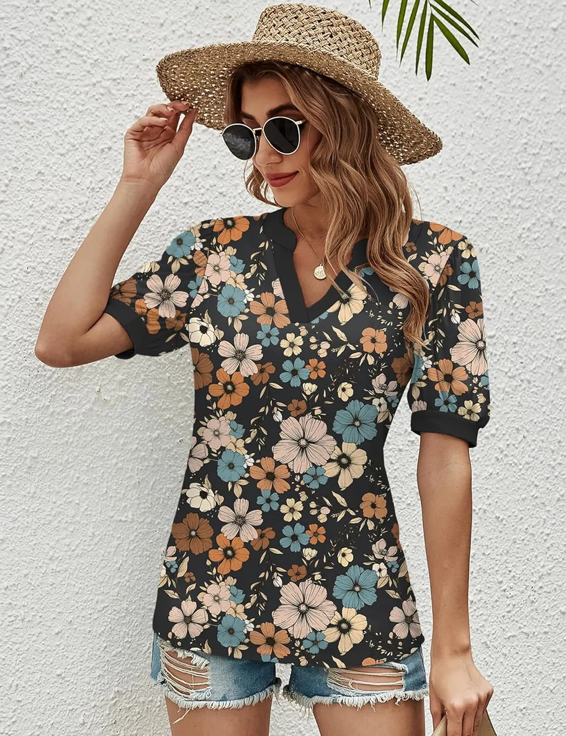 Romanstii Women Casual V-Neck T-Shirts Loose Puff Short Sleeve Tops Tunic Blouses
