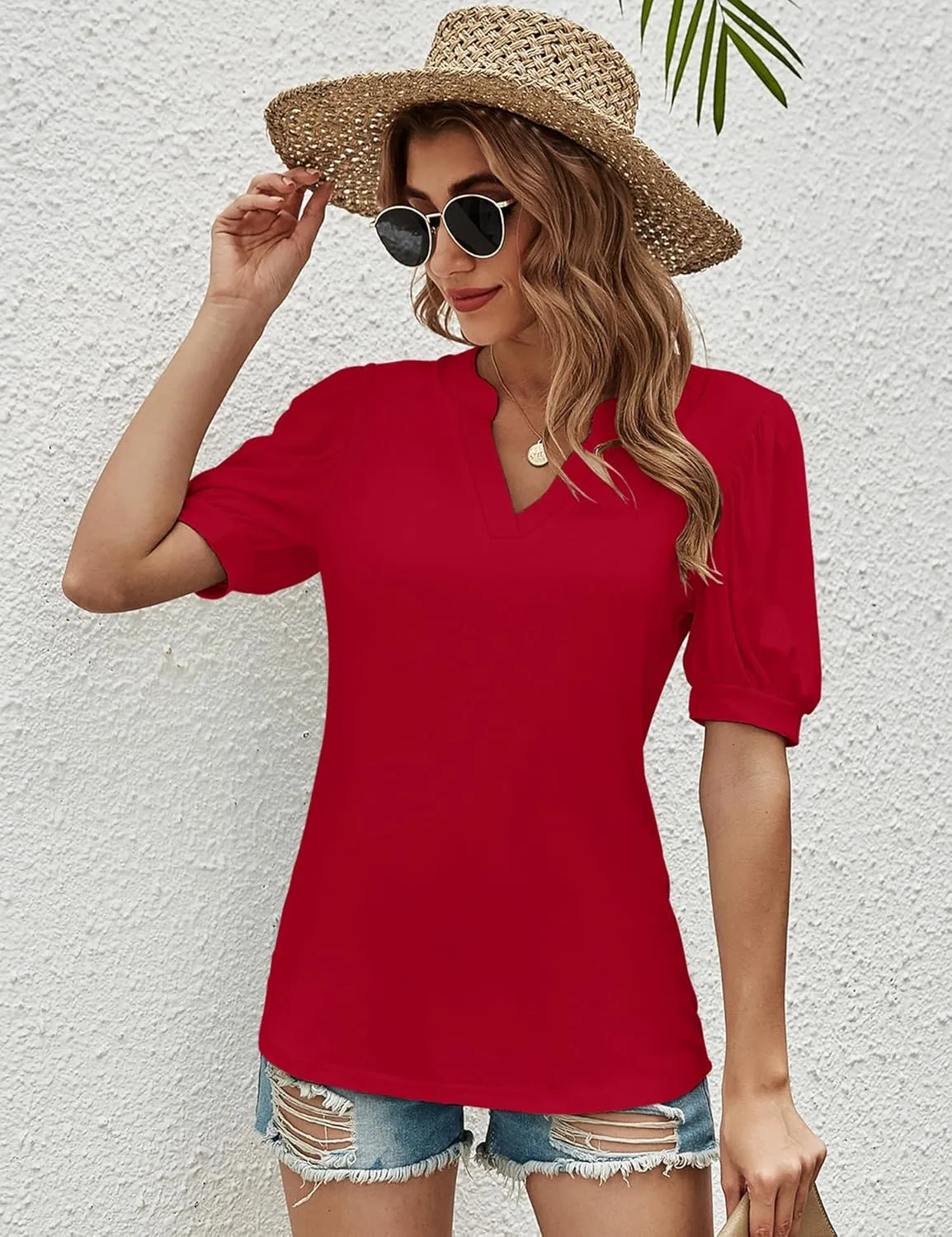 Romanstii Women Casual V-Neck T-Shirts Loose Puff Short Sleeve Tops Tunic Blouses