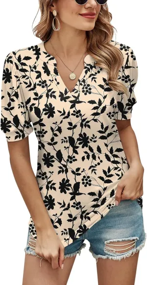 Romanstii Women Casual V-Neck T-Shirts Loose Puff Short Sleeve Tops Tunic Blouses