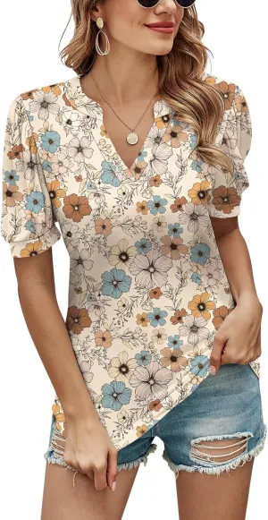 Romanstii Women Casual V-Neck T-Shirts Loose Puff Short Sleeve Tops Tunic Blouses
