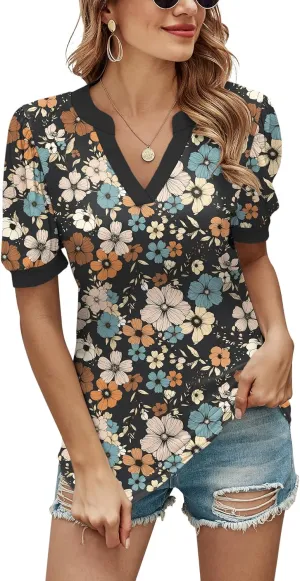 Romanstii Women Casual V-Neck T-Shirts Loose Puff Short Sleeve Tops Tunic Blouses