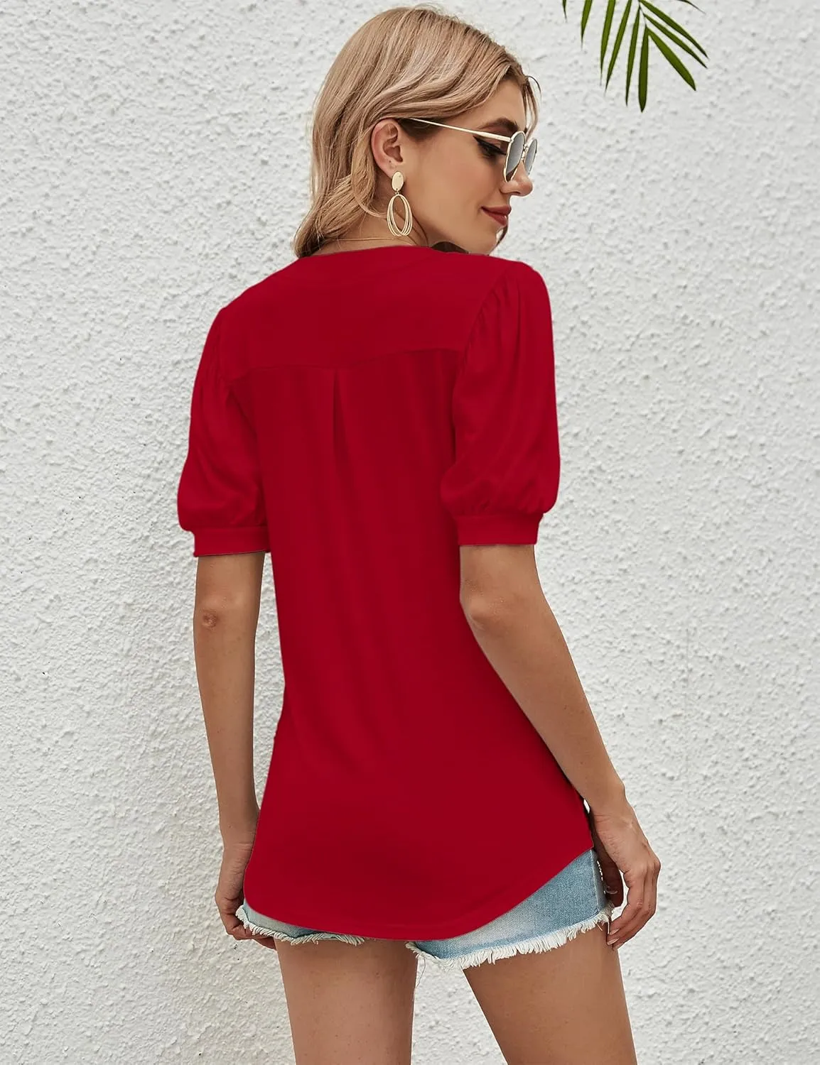 Romanstii Women Casual V-Neck T-Shirts Loose Puff Short Sleeve Tops Tunic Blouses