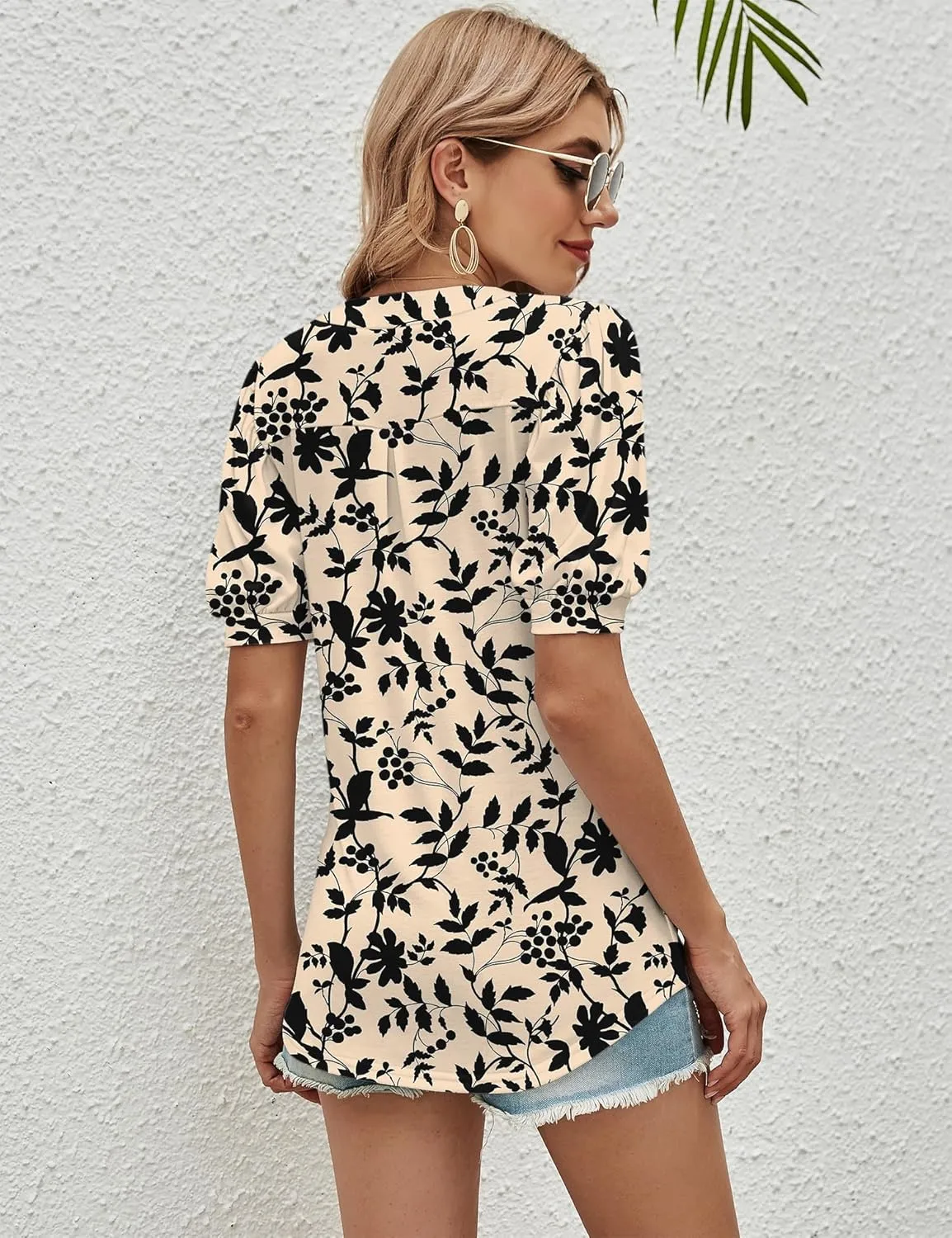 Romanstii Women Casual V-Neck T-Shirts Loose Puff Short Sleeve Tops Tunic Blouses