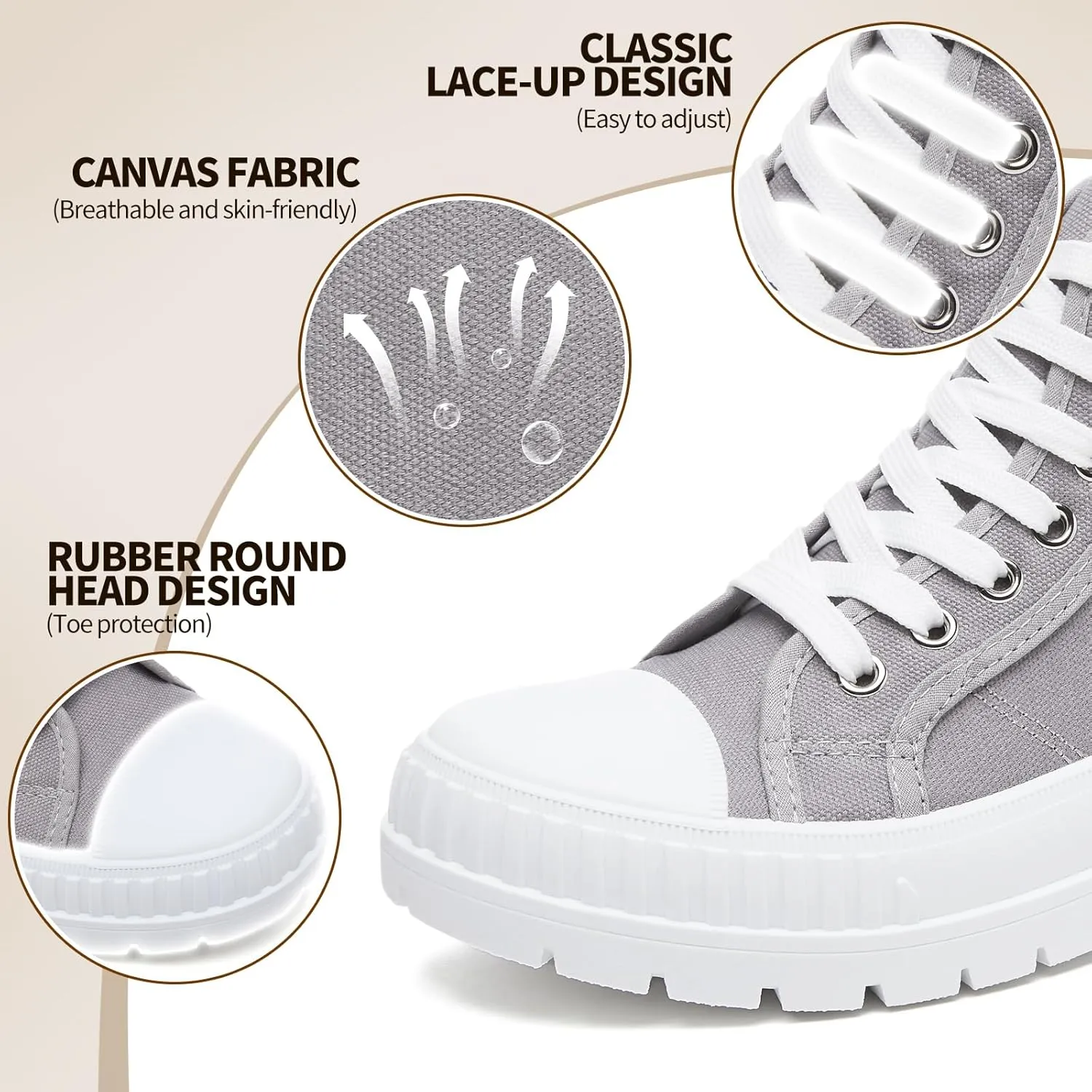 Rominz Women's White Platform Sneakers Fashion High Top Canvas Shoes for Women Black Lace-Up Canvas Sneakers Casual Platform Tennis Shoes
