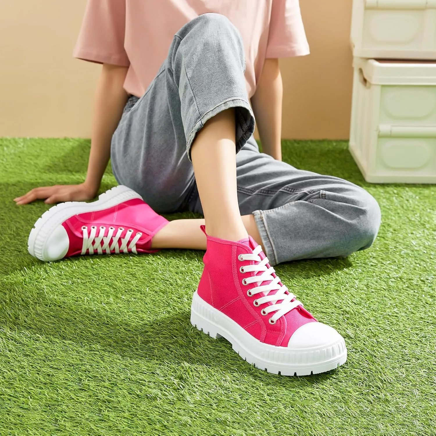 Rominz Women's White Platform Sneakers Fashion High Top Canvas Shoes for Women Black Lace-Up Canvas Sneakers Casual Platform Tennis Shoes