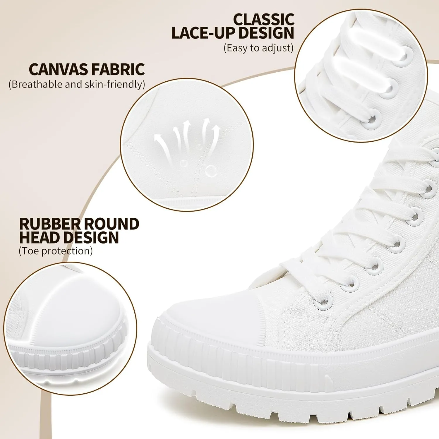 Rominz Women's White Platform Sneakers Fashion High Top Canvas Shoes for Women Black Lace-Up Canvas Sneakers Casual Platform Tennis Shoes