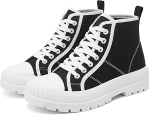 Rominz Women's White Platform Sneakers Fashion High Top Canvas Shoes for Women Black Lace-Up Canvas Sneakers Casual Platform Tennis Shoes