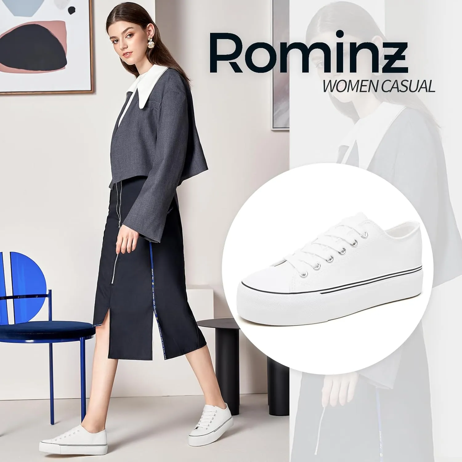 Rominz Women's White Platform Sneakers PU Leather Platform Shoes Classic Black Low Top Sneakers Casual Walking Shoes for Women