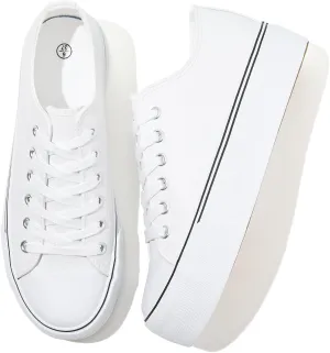 Rominz Women's White Platform Sneakers PU Leather Platform Shoes Classic Black Low Top Sneakers Casual Walking Shoes for Women