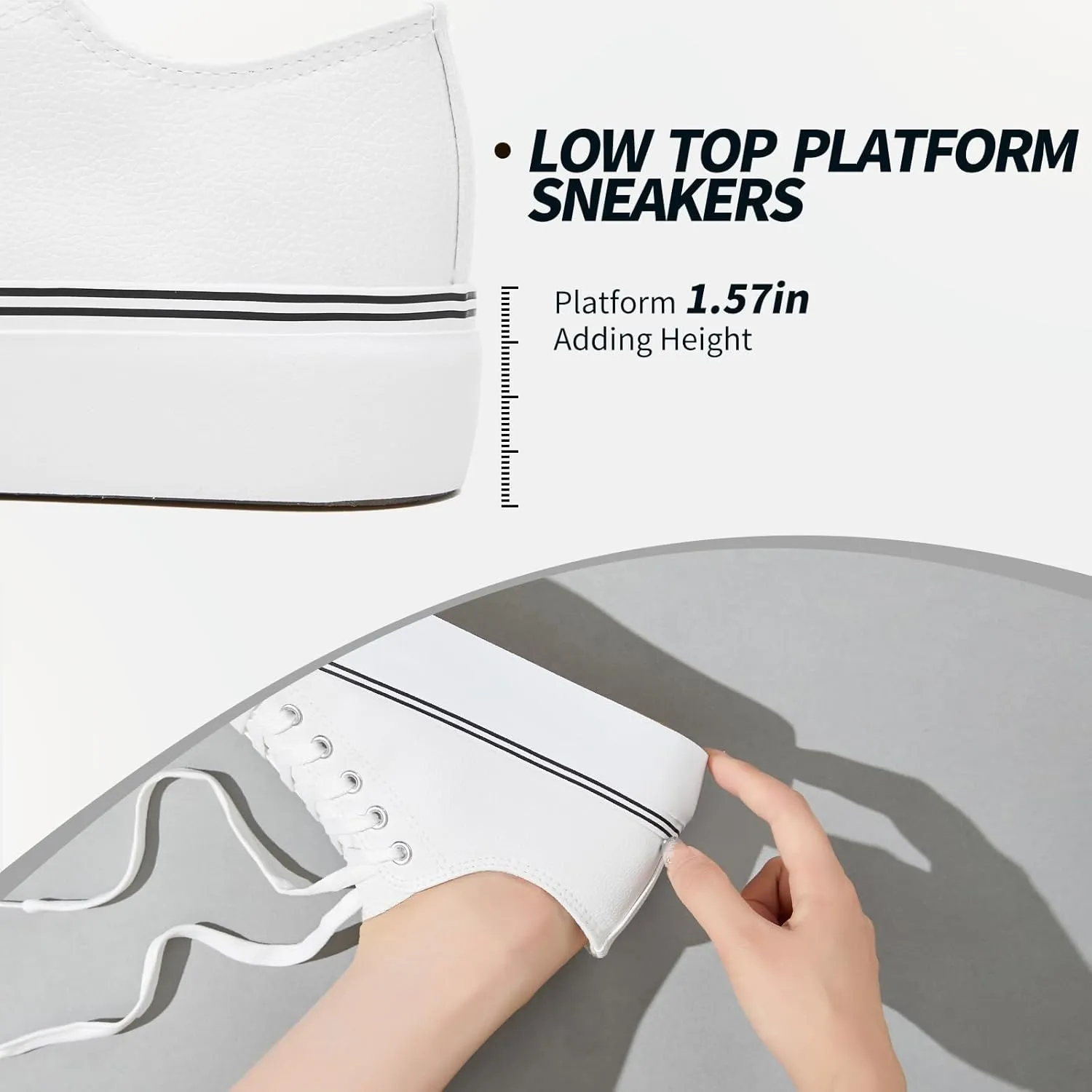 Rominz Women's White Platform Sneakers PU Leather Platform Shoes Classic Black Low Top Sneakers Casual Walking Shoes for Women