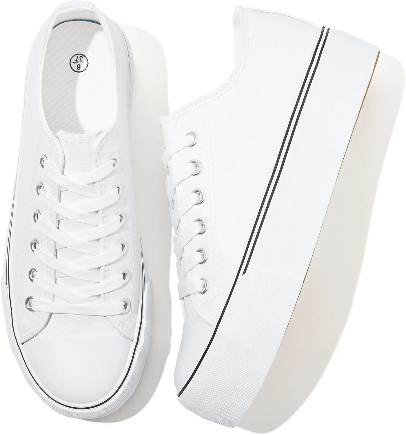 Rominz Women's White Platform Sneakers PU Leather Platform Shoes Classic Black Low Top Sneakers Casual Walking Shoes for Women